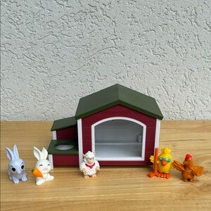 Red, green & white barn (hutch) with bunnies, chickens & a sheep.